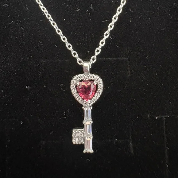 Pandora Silver Key Necklace with Red Heart Accent - Picture 4 of 7